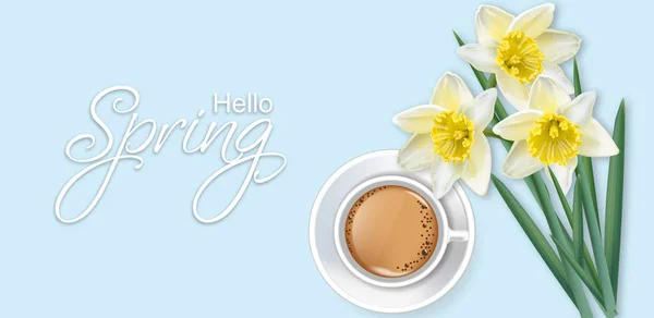 Hola tarjeta de primavera con café y narciso flores ramo de realística vectorial — Archivo Imágenes Vectoriales