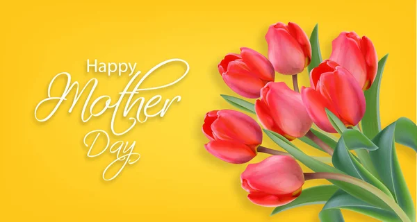 母亲节郁金香花向量现实。美丽的春卡节日黄色明亮的颜色 — 图库矢量图片