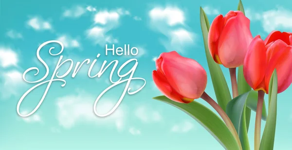 Flores de tulipán de primavera en el fondo del cielo Plantillas de banner realistas vectoriales — Archivo Imágenes Vectoriales
