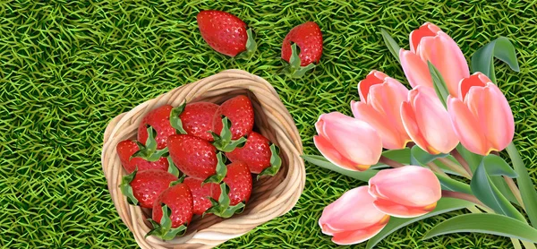 Flores de tulipán y fresa Vector realista. Ilustraciones de tarjetas de temporada primavera verano — Vector de stock