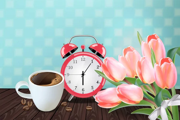 Chávena de café da manhã e alarme Vector realista. Buquê de flores tulipa e fundo retro. Primavera verão temporada cartão ilustrações. Modelos de estilo dos anos 80 —  Vetores de Stock