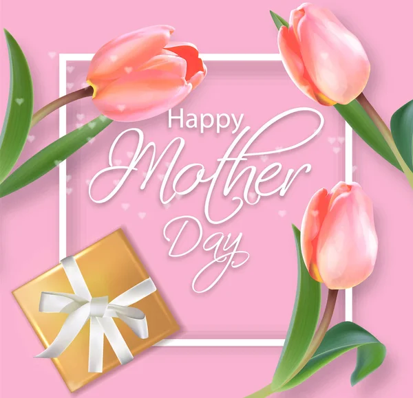 Mother day card with tulips bouquet Vector realistic. Gifts and flowers on pink background. Delicate holiday poster. Spring summer season card 3d illustrations. — Stock Vector