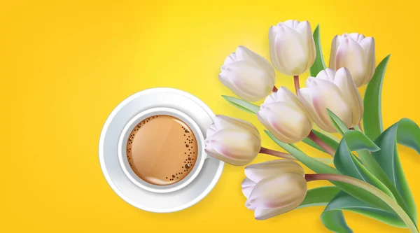 Cup of coffee and tulip flowers Vector realistic. Spring summer season card illustrations. White bouquet and aromatic drinks