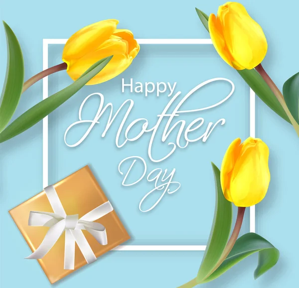 Mother day card with yellow tulips Vector realistic. Gifts and flowers on pink background. Delicate holiday poster. Spring summer season card 3d illustrations