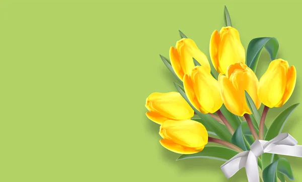 Yellow tulip flowers bouquet Vector realistic banner. Spring season template 3d illustrations