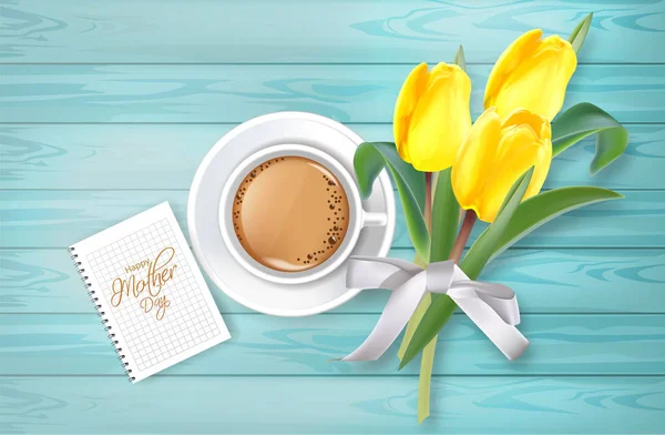 Filiżankę kawy i tulip bukiet wektor realistyczne. Wiosna lato sezon ilustracje karta. Biały bukiet i aromatycznych napojów — Wektor stockowy