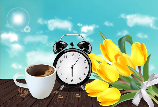 Το πρωί φλιτζάνι καφέ και allarm διάνυσμα ρεαλιστική. Μπουκέτο με λουλούδια τουλίπα. Άνοιξη καλοκαίρι σεζόν κάρτα εικονογραφήσεις — Διανυσματικό Αρχείο