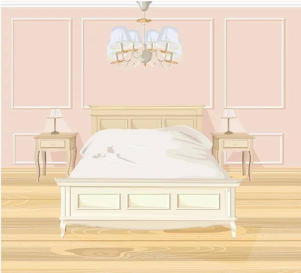 Quarto clássico Vector aquarela. Mobília de cama branca. Decorações de design de interiores —  Vetores de Stock