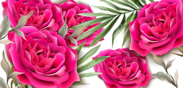 Tarjeta Roses Vector realista. Hermosa decoración floral hojas de palma. Postales tropicales exóticas. Fucsia rosa flores — Vector de stock