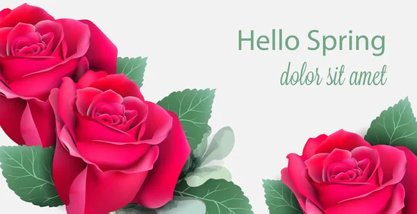 Cartão de rosas vermelhas Vector realista. Bela decoração floral com folhas de palmeira. Fundos exóticos de cartões postais trópicos — Vetor de Stock