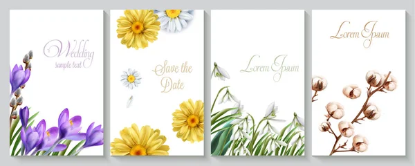 Vector verticale bruiloft uitnodiging kaartenset met crocus, daisy, katoen bloemen en sneeuwklokjes. Het ontwerp van de botanie datum voor ceremonie, cosmetica brochure, schoonheid voorjaar sjablonen opslaan — Stockvector