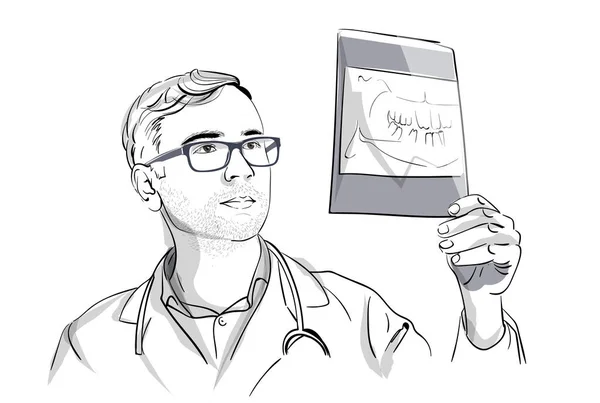 Dentista analisando um esboço de Vetor de Raios X. Ilustrações de caráter detalhadas —  Vetores de Stock