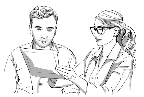 Mulher Médica Paciente Vector Esboço Storyboard Personagens Detalhados Ilustração —  Vetores de Stock
