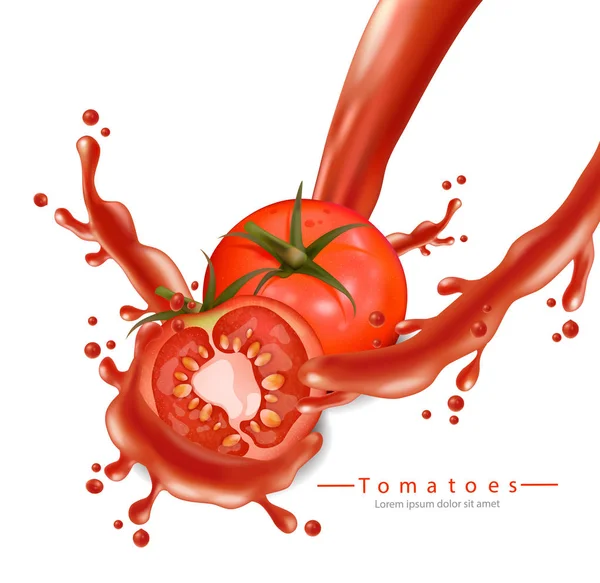 Tomatoe splash realistische Vector. Gedetailleerde 3D-sjabloon voor spandoek voor label, pictogram, productplaatsingen geïsoleerd op wit — Stockvector