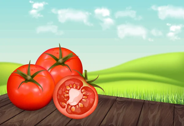 Tomat di meja kayu Vektor realistis. Latar belakang lingkungan hijau. Templat banner 3d terrinci bagi penempatan label, ikon, produk - Stok Vektor