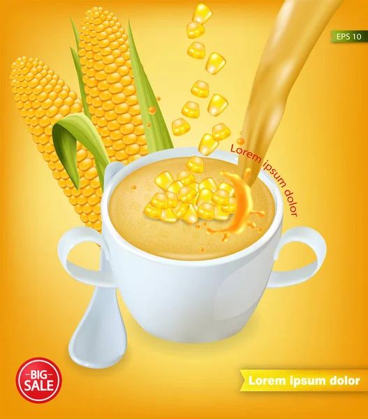 Corn Soup Vector Realistic Product Placement Illustration — Stock Vector