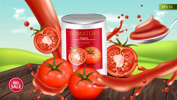 Консервовані помідори Векторний реалістичний макет. Розміщення продукту. 3d детальні ілюстрації — стоковий вектор