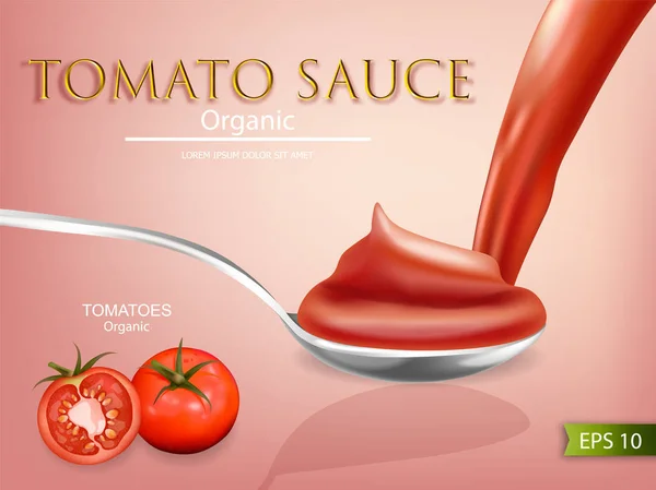 Domates sosu kadar gerçekçi sahte vektör. Ürün yerleştirme. Etiket tasarımı. Ayrıntılı afiş 3d çizimler — Stok Vektör