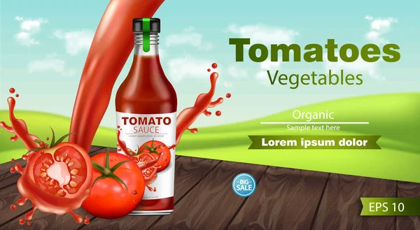 Ketchup garrafa vetor realista simular. Colocação do produto. Design de etiquetas. Ilustrações 3d banner detalhadas — Vetor de Stock