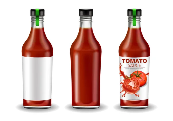 番茄酱瓶设置矢量现实模拟。产品放置。标签设计。详细的横幅3d 插图 — 图库矢量图片