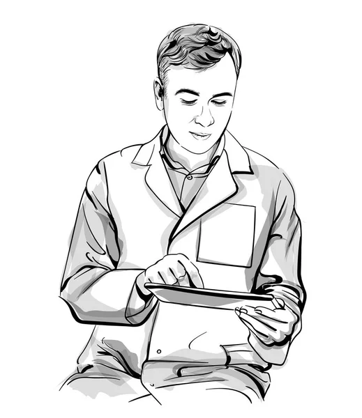 Doutor trabalhando em um tablet Vector esboço storyboard. Ilustrações de caráter detalhadas — Vetor de Stock