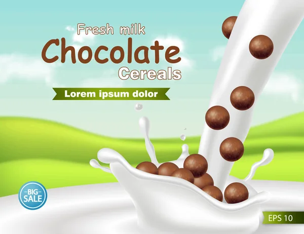 Cereali al cioccolato nel latte spruzzato Vector realistico finto. Progettazione etichetta posizionamento prodotto. Illustrazioni dettagliate 3d — Vettoriale Stock