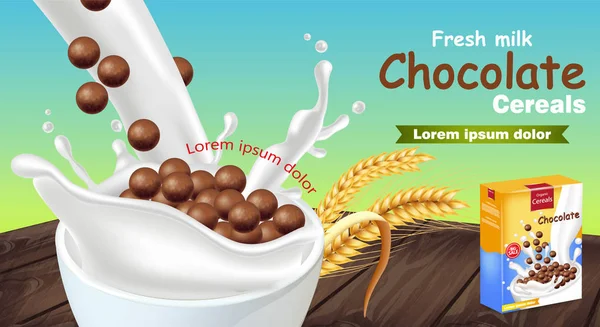 Céréales au chocolat frais dans le lait éclaboussure vectorielle maquette réaliste. Conception d'étiquettes de placement de produits. Illustrations détaillées 3d — Image vectorielle