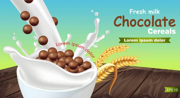 Biologische chocolade granen in melk splash Vector realistische mock up. Plaatsing label productontwerp. 3D gedetailleerde illustraties — Stockvector