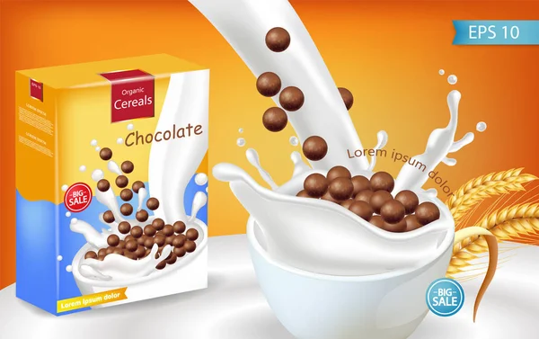 Bio-Schokolade Müsli Splash Vektor realistische Attrappe. Produktplatzierung Etikettendesign. 3D detaillierte Abbildungen — Stockvektor