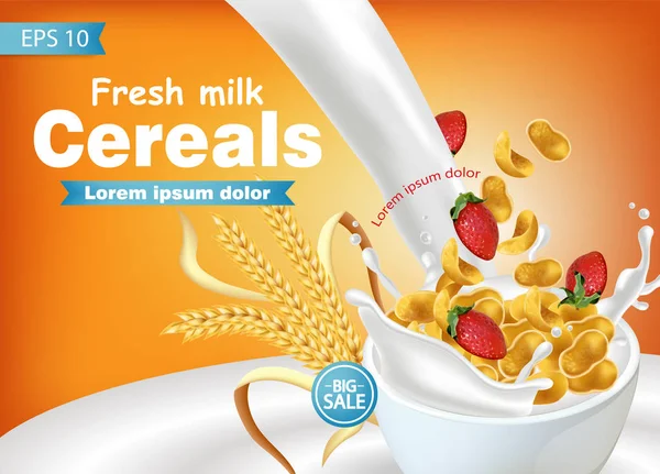 Cornflakes in Milch Splash Vektor realistische Attrappe auf. Produktplatzierung Etikettendesign. 3D detaillierte Abbildungen — Stockvektor