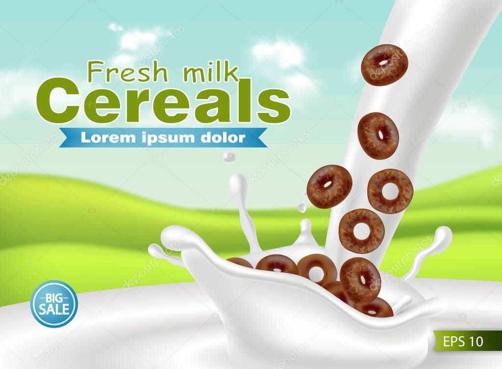 Organic cereals in milk splash Vector realistic mock up. Product placement label design. 3d detailed illustrations