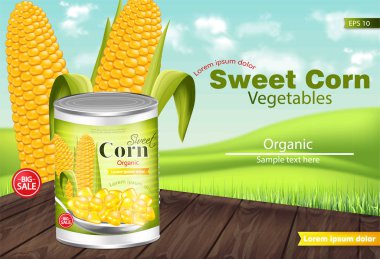 Tatlı Mısır vektör gerçekçi. Metal kutu. Ürün paketi kadar sahte. Etiket tasarımı. 3D ayrıntılı çizimler