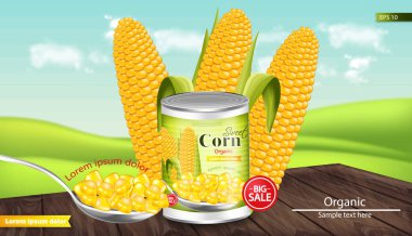 Konserve mısır vektör gerçekçi. Metal kutu. Ürün paketi kadar sahte. Etiket tasarımı. 3D ayrıntılı çizimler