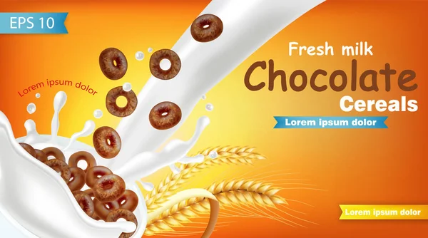 Segale Cereali al cioccolato nel latte spruzzato Vector realistico finto. Progettazione etichetta posizionamento prodotto. Illustrazioni dettagliate 3d — Vettoriale Stock