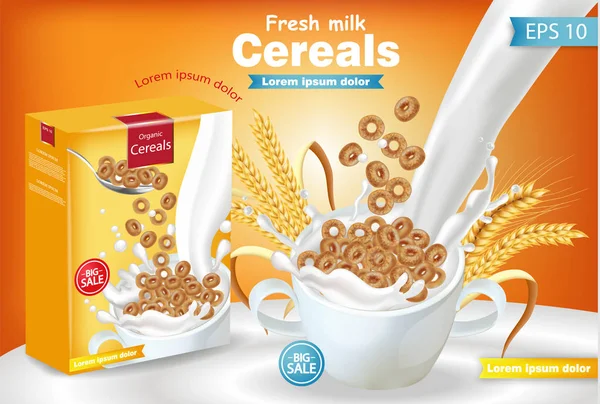 Cereales de centeno en salpicadura de leche Vector realista maqueta. Diseño de la etiqueta de colocación del producto. 3d ilustraciones detalladas — Vector de stock