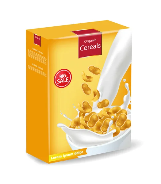 Pacchetto Cornflakes isolato Vector realistico. Mock up posizionamento del prodotto. Disegno dell'etichetta. Illustrazioni dettagliate 3d — Vettoriale Stock