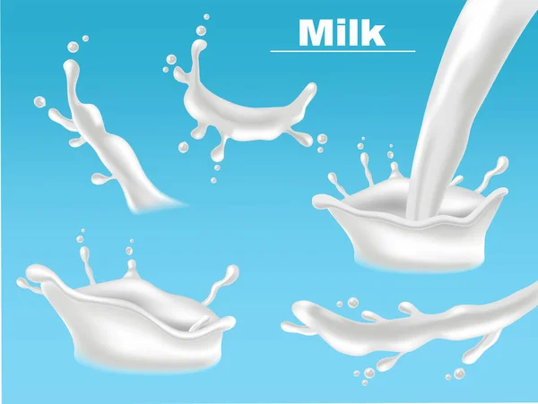 Ensemble éclaboussures de lait collection vectoriel réaliste. Modèles de produits écologiques liquides à verser frais. Illustrations 3D — Image vectorielle