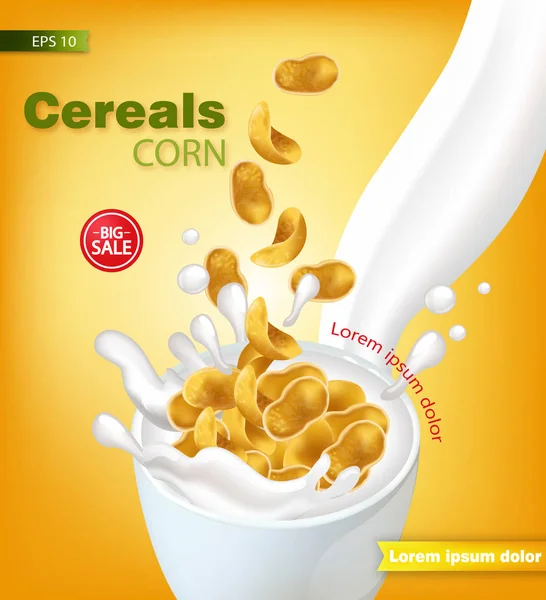 Cornflakes cereals with milk splash Vector realistic mock up. Product placement label design. 3d detailed illustrations — Stock Vector