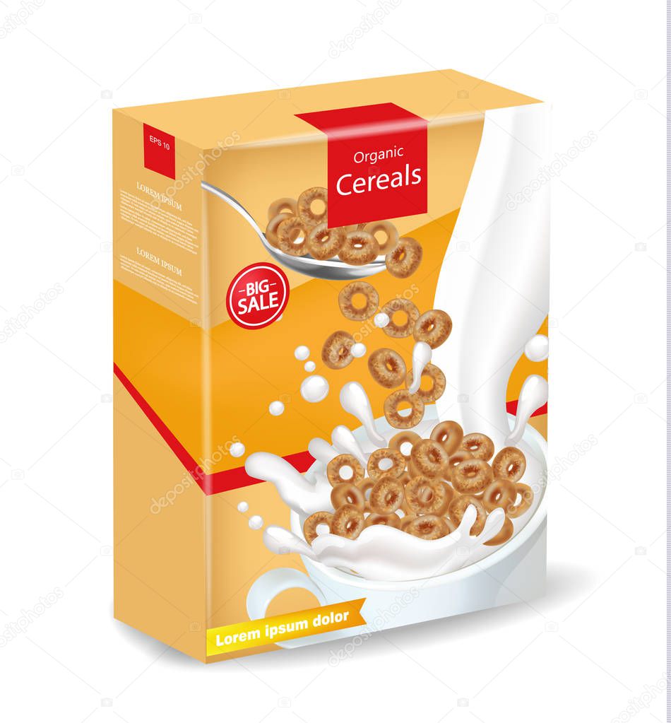 Organic rye cereals package Vector realistic mock up. Product placement label design. 3d detailed illustrations