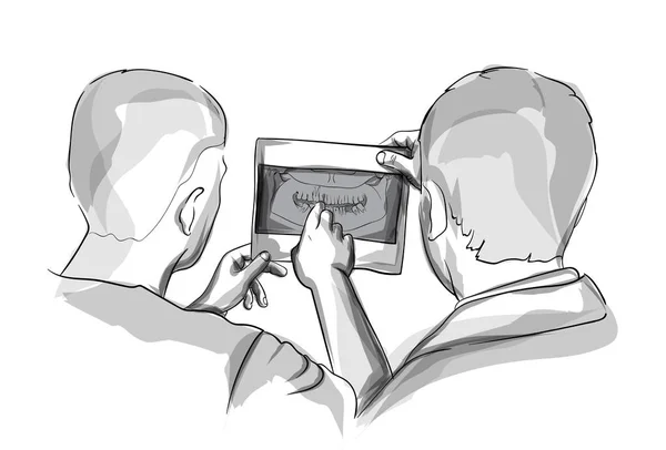 Dos doctores analizando el diagrama de rayos X Vector sketch storyboards — Archivo Imágenes Vectoriales