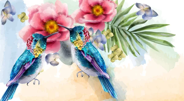 Colorful humming birds and flowers watercolor Vector. Tropic card backgrounds — Stock Vector