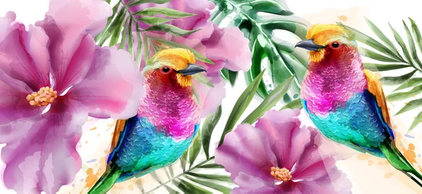 カラフルな鳥や花の水彩ベクトル。熱帯のカード背景 — ストックベクタ