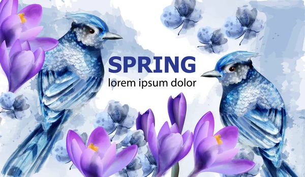 Lente kaart aquarel Vector met leuke vogels en bloemen. Blauwe vogeltjes. Magnolia bloemen. Vintage kleur vlekken splash op achtergronden — Stockvector