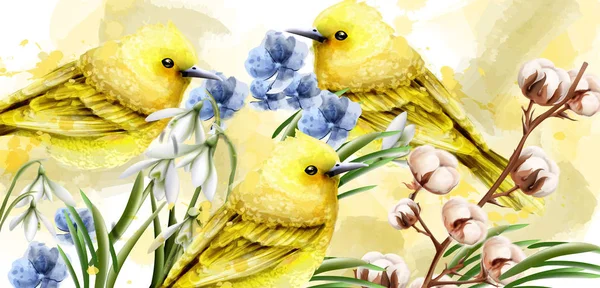 Lente kaart aquarel Vector met leuke vogels en bloemen. Gouden kleine vogels. Vintage kleur vlekken splash op achtergronden — Stockvector