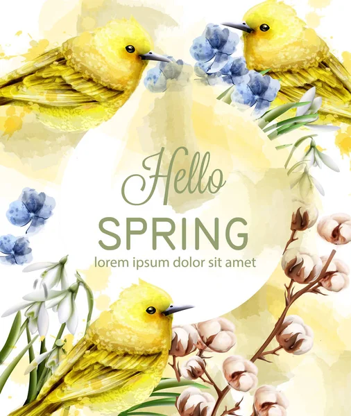 かわいい鳥や花の春カード水彩ベクトルをこんにちは。黄金の小さな鳥。ビンテージ汚れカラースプ ラッシュの背景に — ストックベクタ