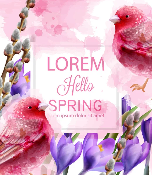 こんにちは、かわいいピンクの鳥と花春カード水彩ベクトル。Fucsia 小鳥。ビンテージ汚れカラースプ ラッシュの背景に — ストックベクタ