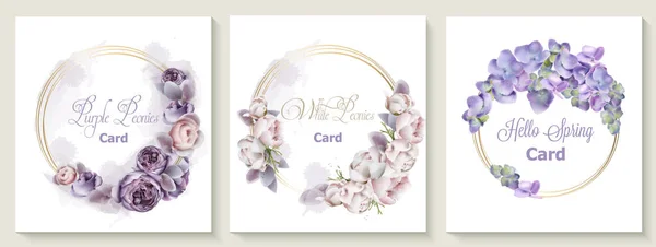 Tarjeta de invitación de boda con flores de peonía púrpura Vector acuarela. Guarde el diseño botánico de la fecha para la ceremonia, folleto de cosméticos, plantillas de primavera de belleza — Vector de stock