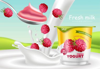 Ahududu yoğurt vektör gerçekçi. Ürün yerleştirme kadar sahte. Taze yoğurt sıçrama meyve ile. Etiket tasarımı. 3D ayrıntılı çizimler