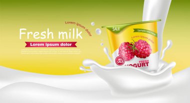 Ahududu yoğurt vektör gerçekçi. Ürün yerleştirme kadar sahte. Taze yoğurt sıçrama meyve ile. Etiket tasarımı. 3D ayrıntılı çizimler