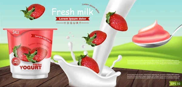 Yogur de fresa Vector realista. La colocación del producto se burla. Salpicadura de yogur fresco con frutas. Diseño de etiquetas. 3d ilustraciones detalladas — Archivo Imágenes Vectoriales